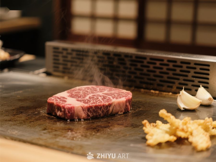 铁板上的烤牛肉与蒜瓣 260