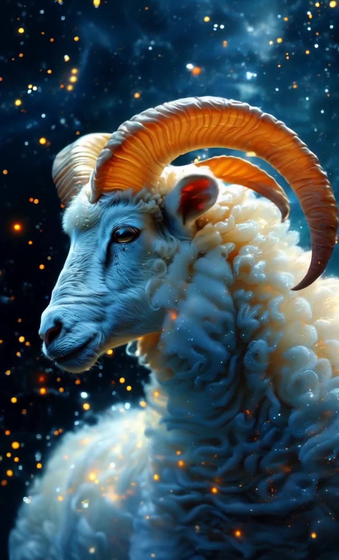 星空下的羊头特写，梦幻般的氛围。