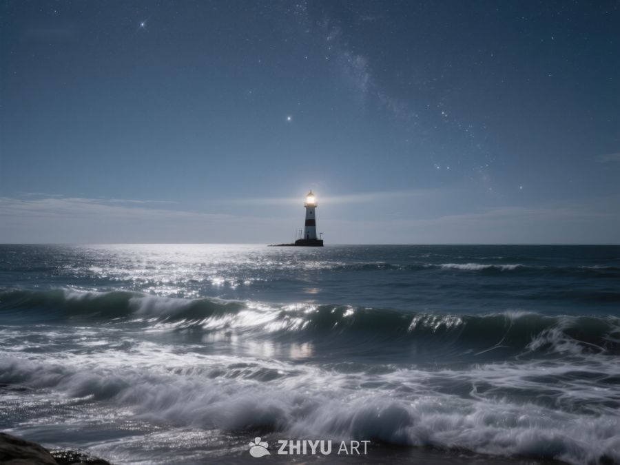 夜幕下的灯塔与海浪 486