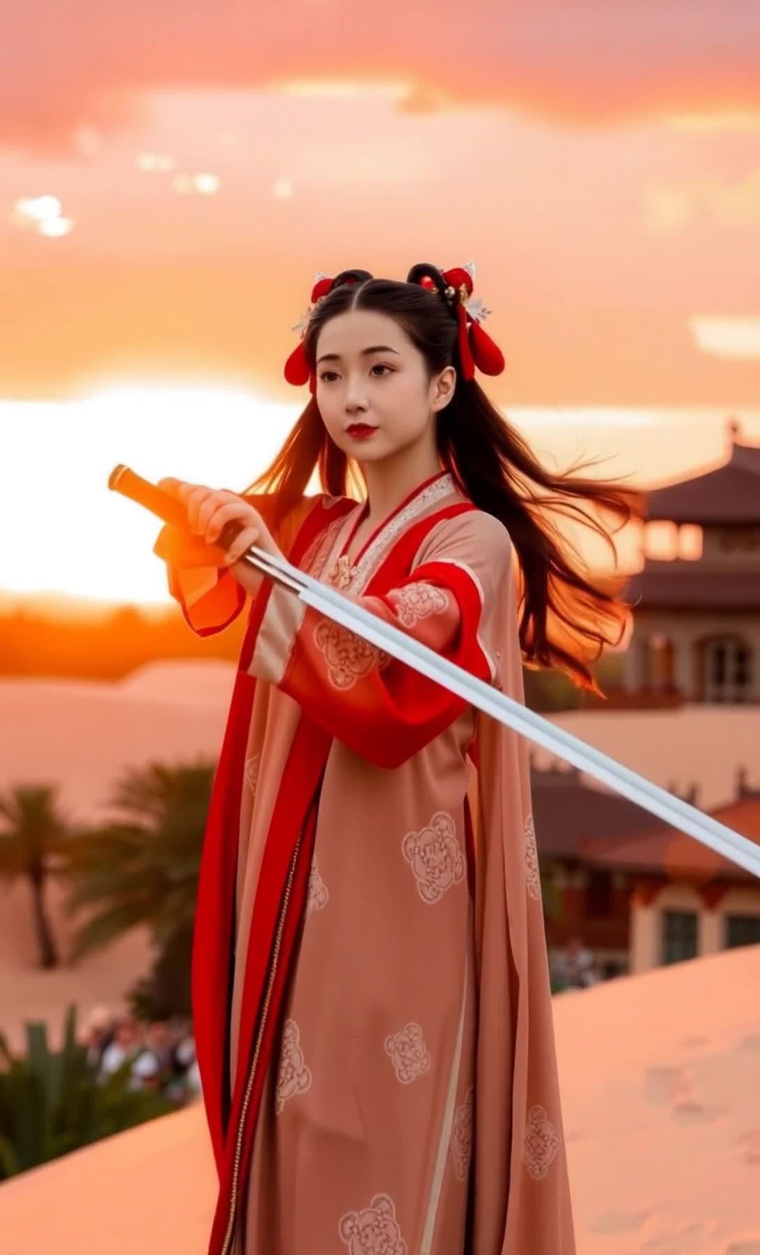 一名穿着古装的女子站在沙丘上，手持一把剑。她留着长