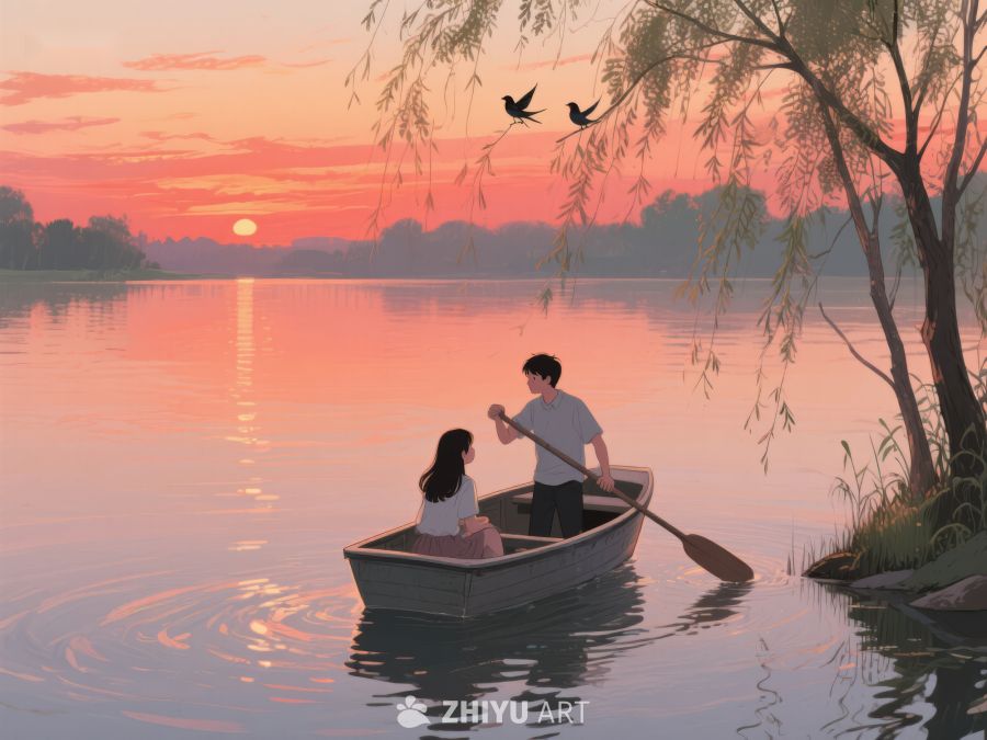 湖畔黄昏，两人划船 284