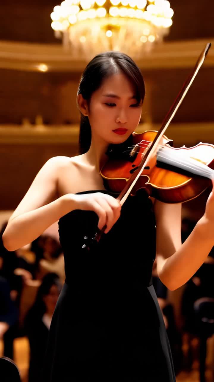 一位亚裔小提琴手身穿黑色礼服，在舞台上演奏小提琴，