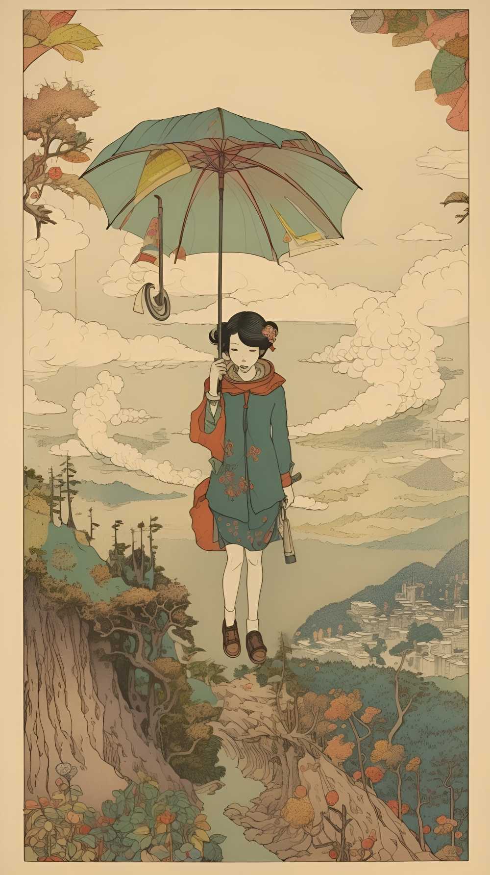 拿着伞的动画片女孩