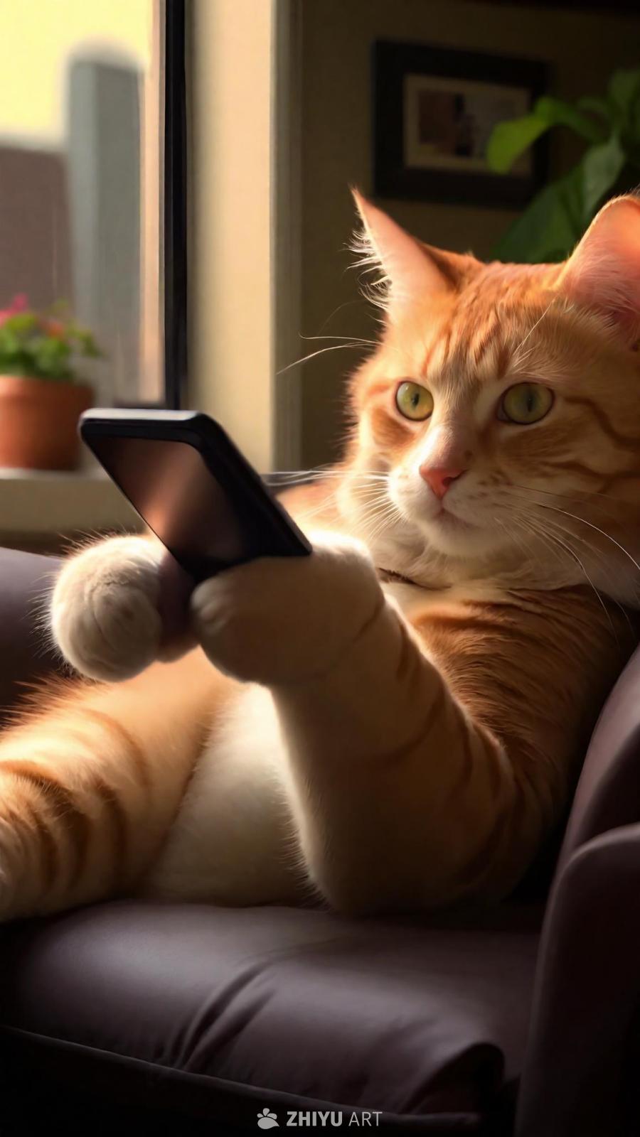 一只橘色虎斑猫坐在米色沙发上，爪子里拿着一部黑色智