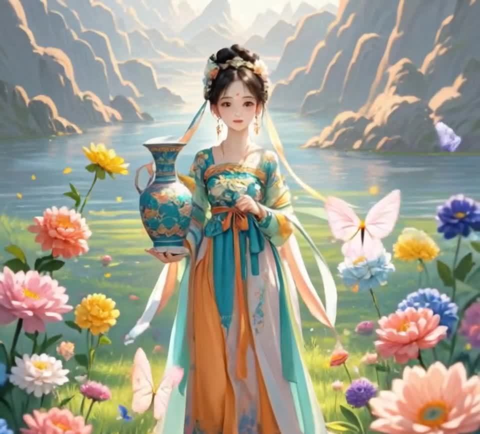 手持花瓶古装美女，鲜花环绕山水间。