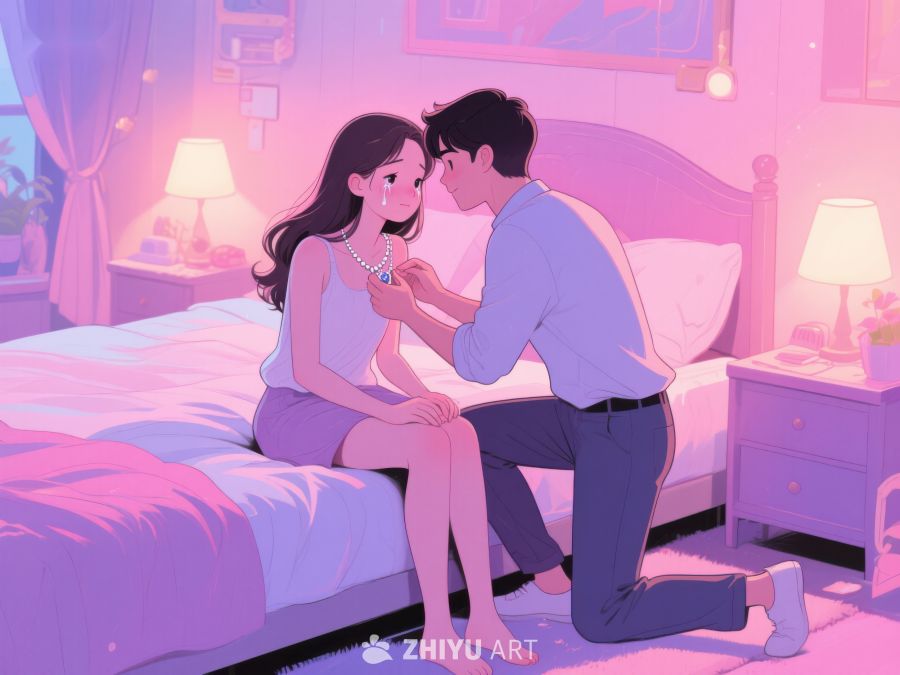 温馨求婚场景，男子跪地为女子戴项链 767