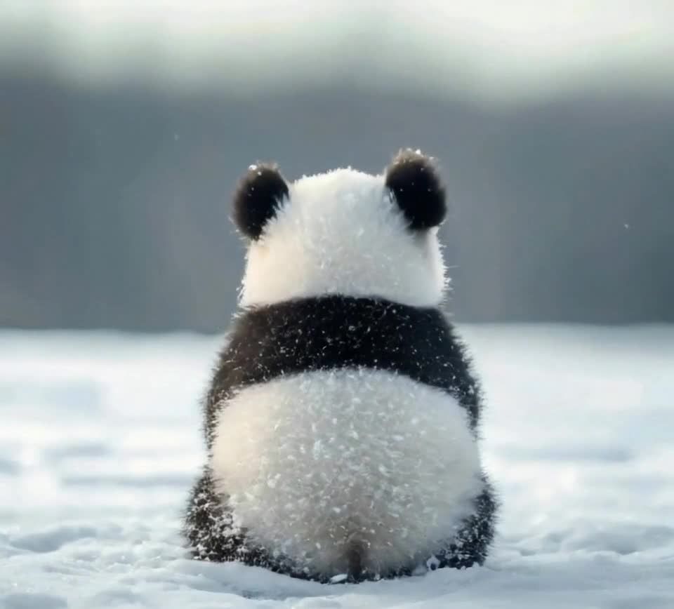 一只熊猫背对着镜头，坐落在雪地上。熊猫身体大部分被