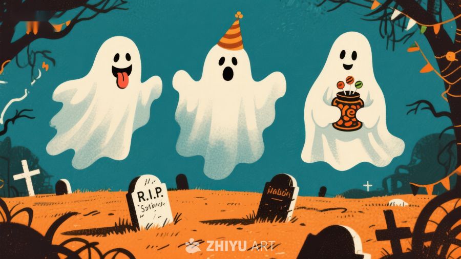 万圣节幽灵在墓地欢乐派对