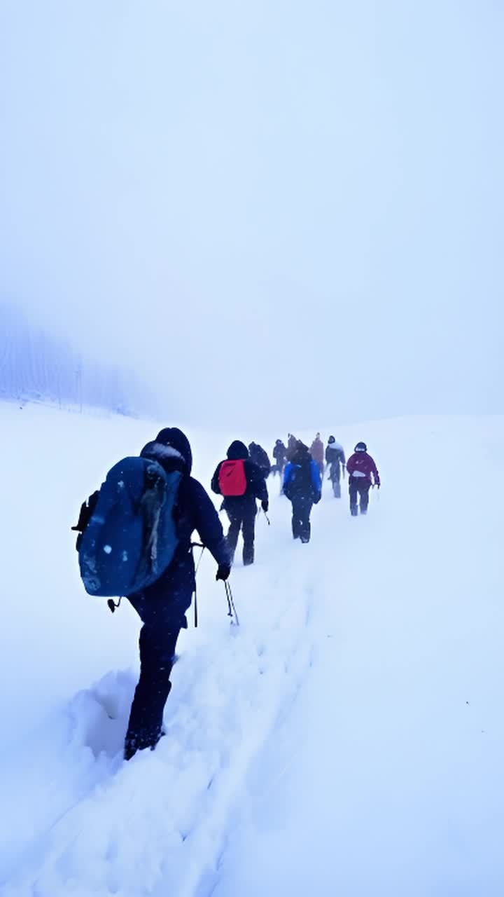九个徒步旅行者在雪地里行走，他们都穿着深色外套，其