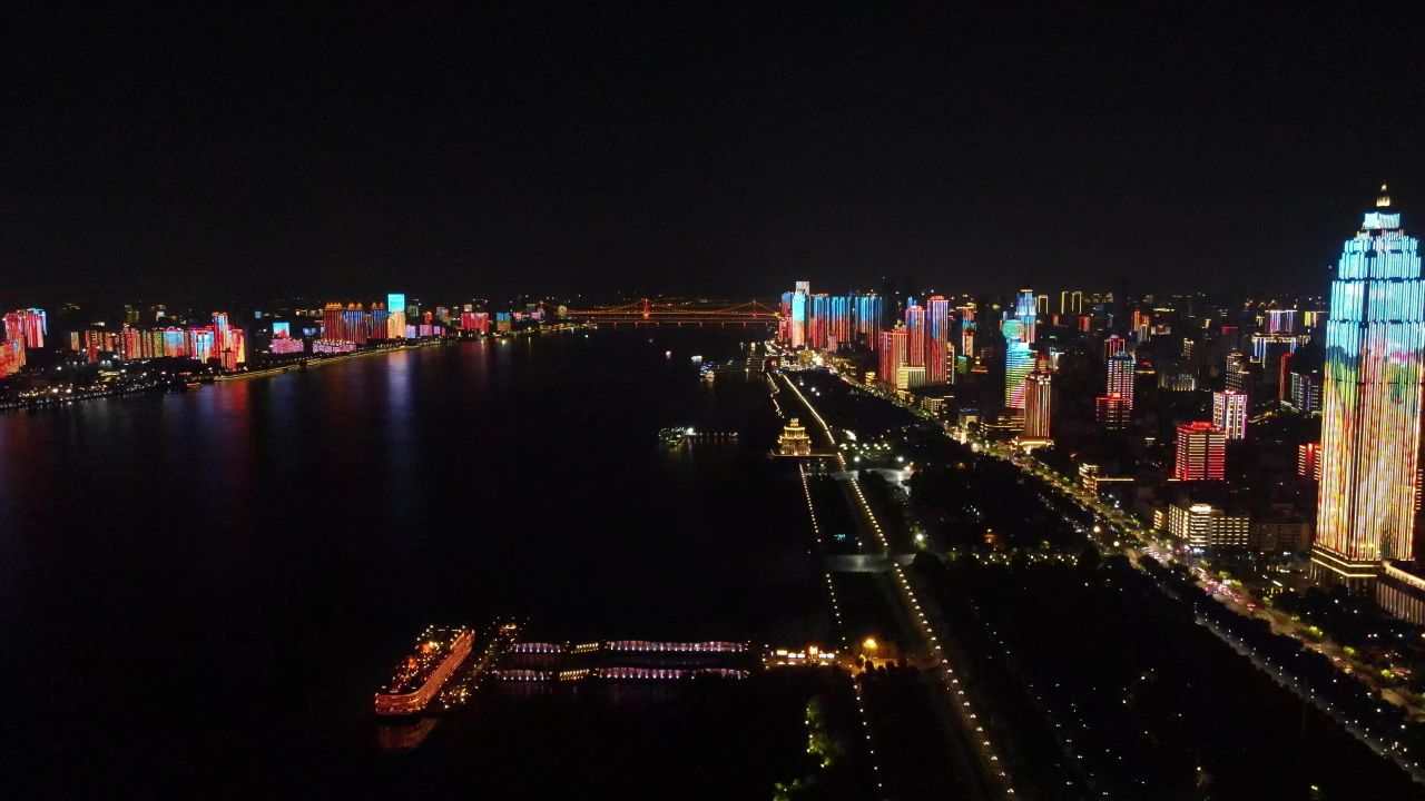  湖北武汉长江两岸夜景灯光航拍