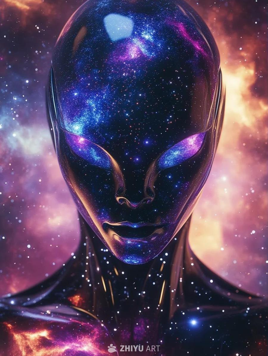 深空中，一个赛博格外星人从充满活力的星云中浮现。这