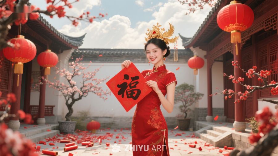 女子身着旗袍手持福字庆祝节日 711