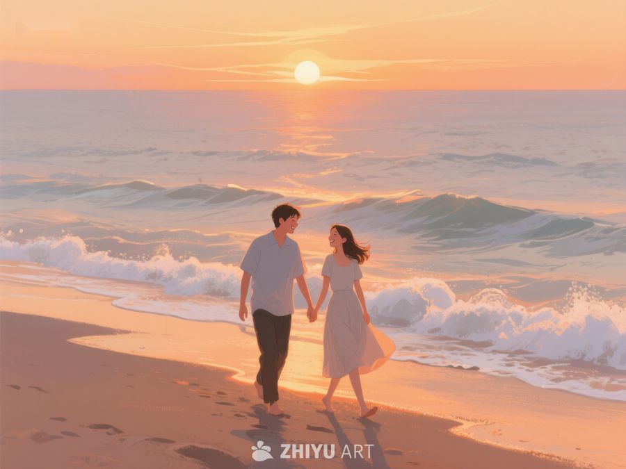 夕阳下海边漫步的情侣 878