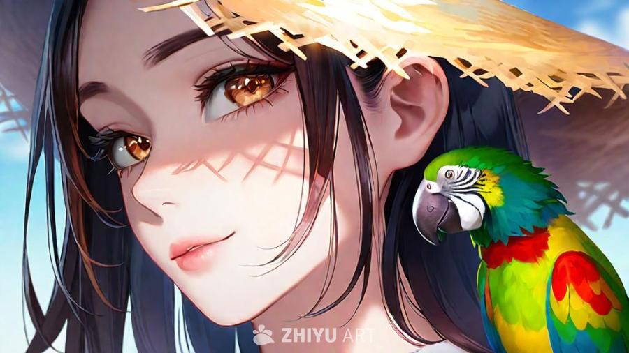 一位戴着草帽的女子，一只鹦鹉站在她的肩膀上。女子采