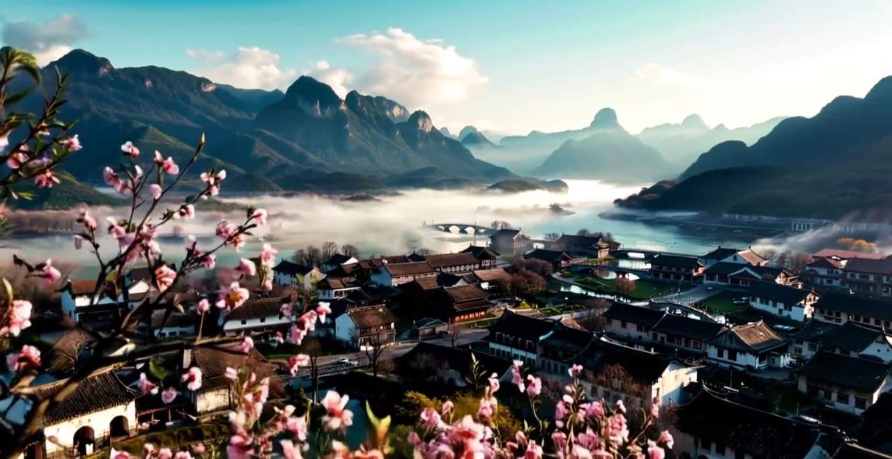 桃花盛开，青山绿水，古村落，大雁朝阳，山花烂漫。