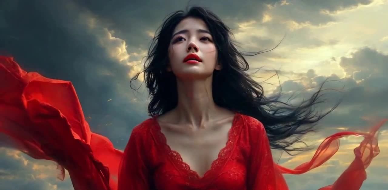 一位长发女子身穿红色连衣裙，仰望天空。天空呈现出云