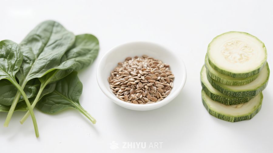 新鲜菠菜、亚麻籽与黄瓜片
