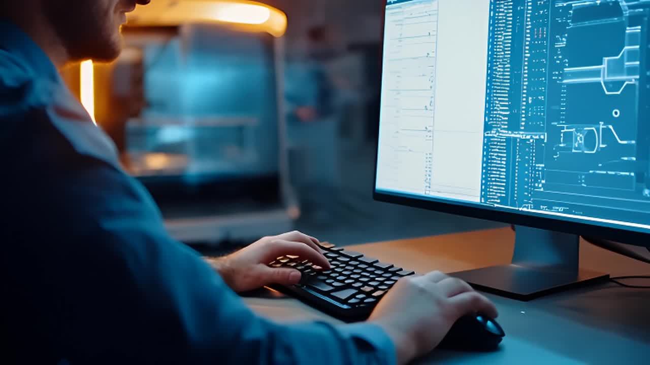 一名身穿蓝色衬衫的人正在电脑前工作。他的手放在黑色