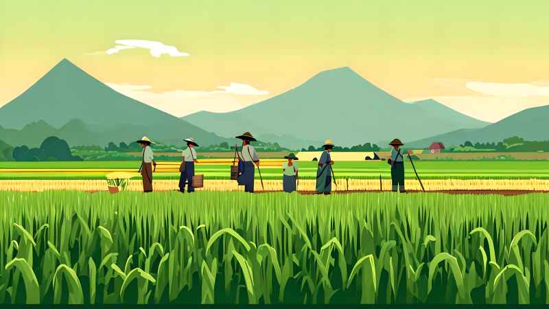 稻田和农作物中的农民绿色范例风格插画 25