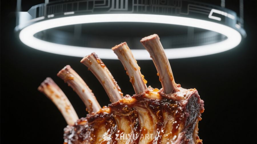 烤肉肋排在科技灯光下