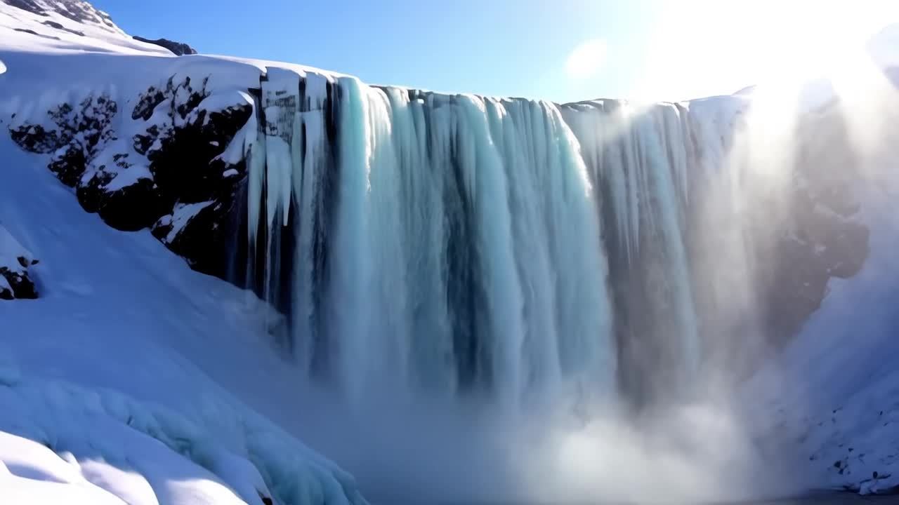 雪覆盖的高山顶峰，一个壮观的瀑布从岩石峭壁上倾泻而