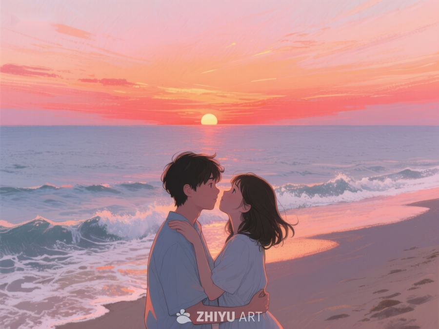 海边日落下的情侣拥吻 218