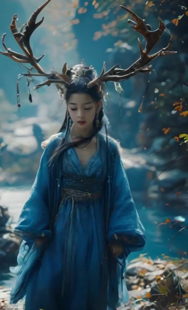 鹿头女性着蓝色长袍，森林中超现实风格人物