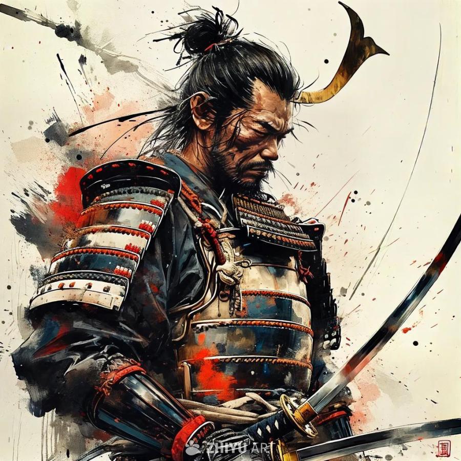 一位身穿武士盔甲的男子低着头，留着武士发髻。他面部
