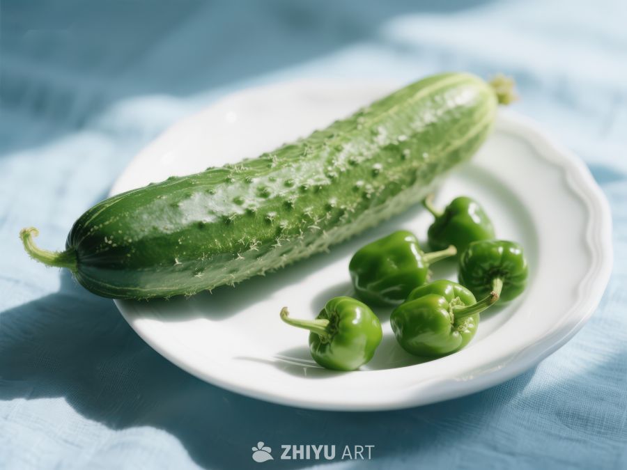 新鲜黄瓜与青椒置于白色盘中 247
