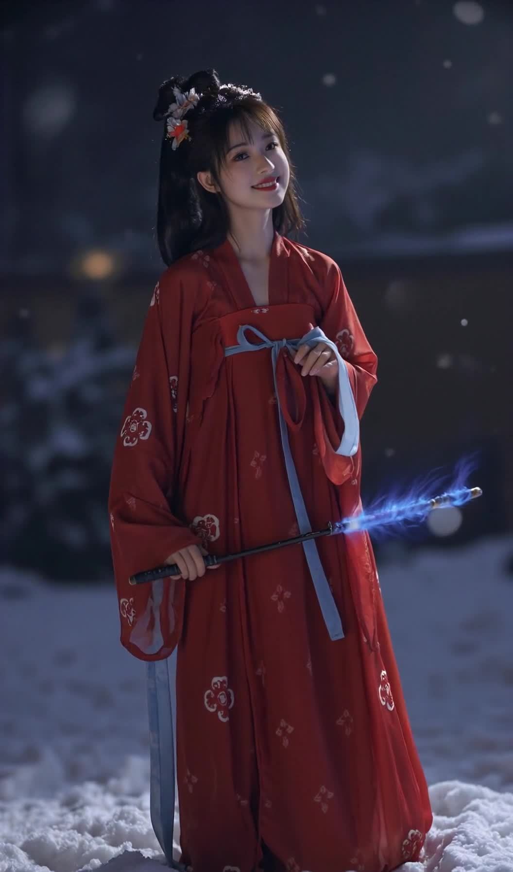 一位身着古装的女人，身穿红色长裙，手持法杖，法杖前