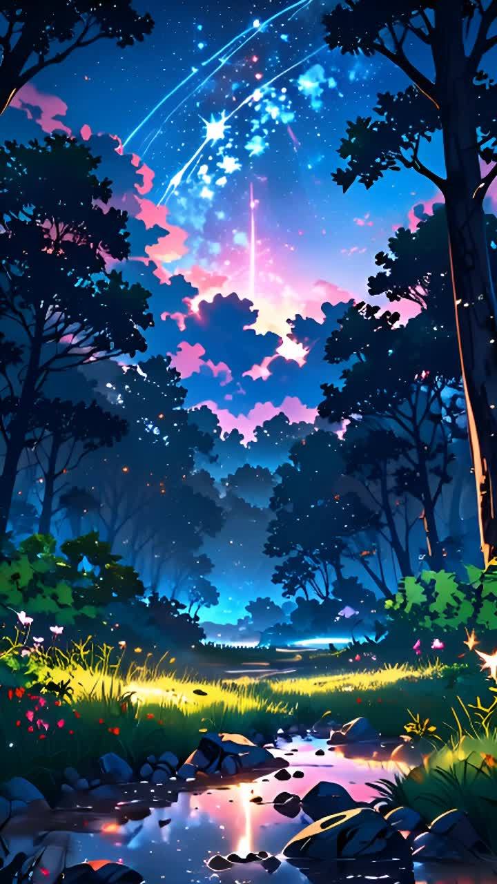 星空下，树木茂盛，草地和花朵点缀其间，一条小溪流过