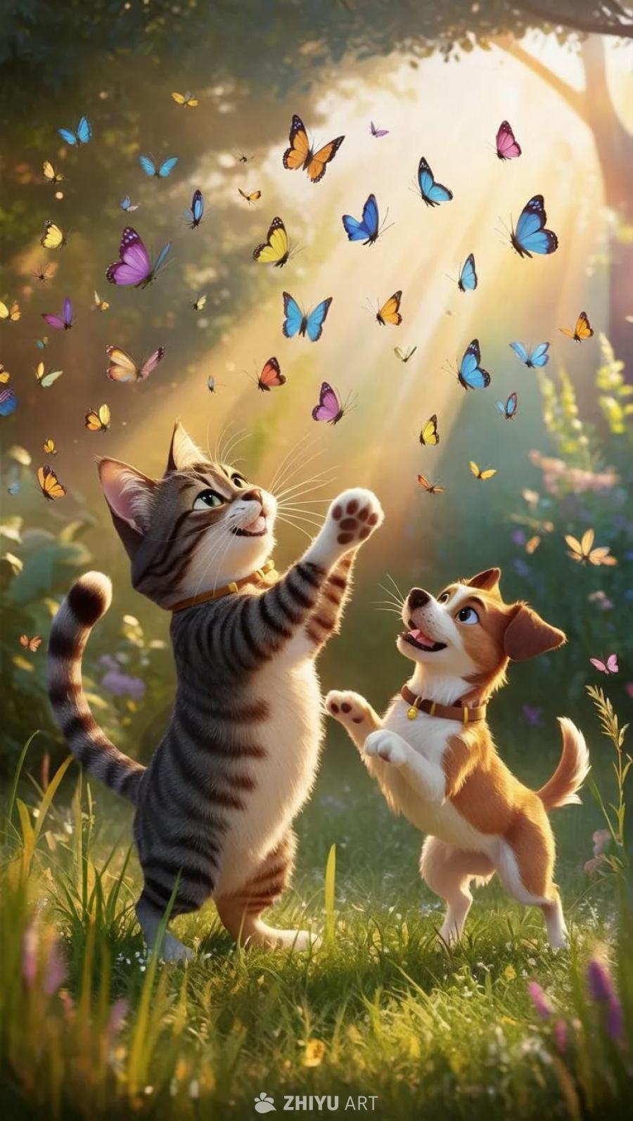 一只猫在绿色的草地上，抬起爪子似乎在指引空中的一群