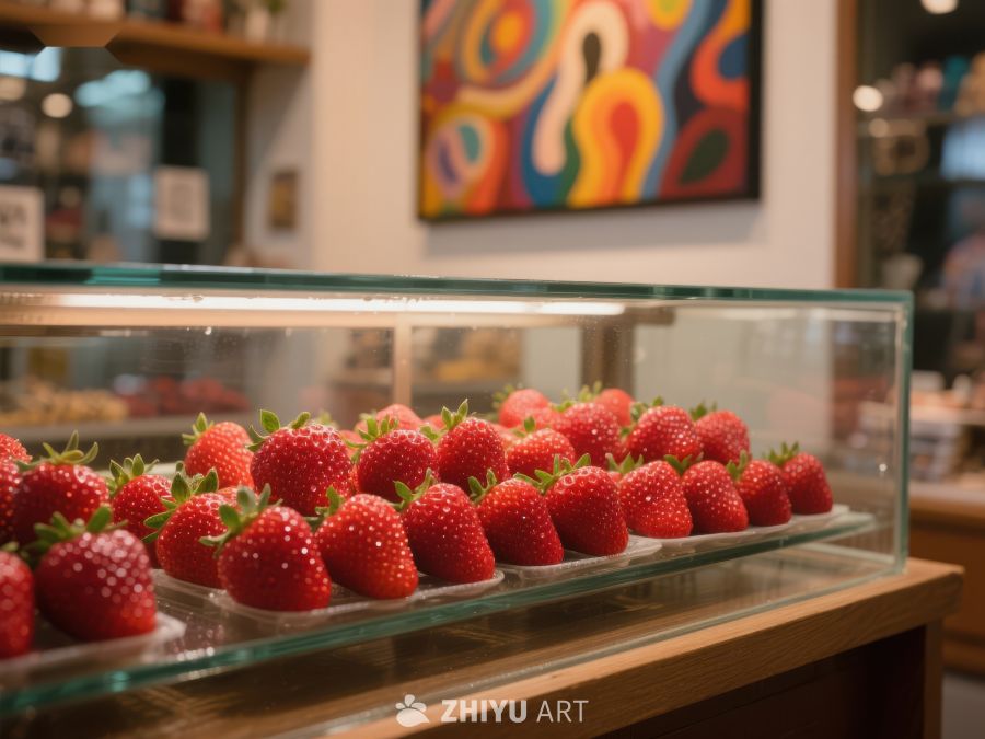 新鲜草莓陈列于玻璃展示柜中 596