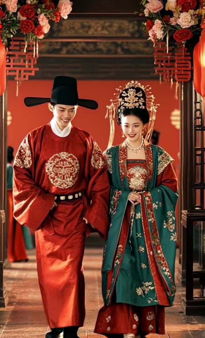 中国传统婚礼服饰情侣合影