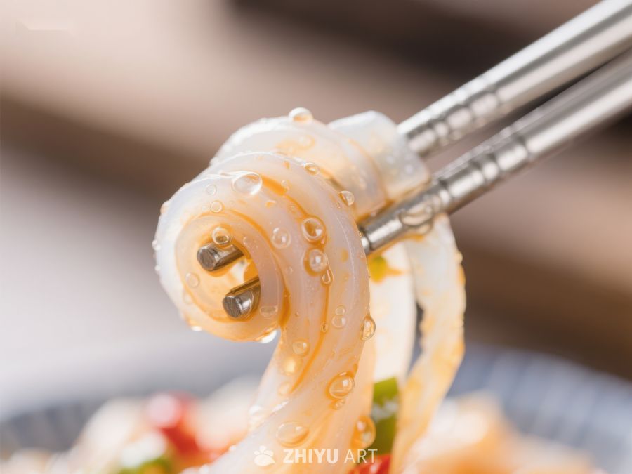 筷子夹起晶莹剔透的鱿鱼卷 689