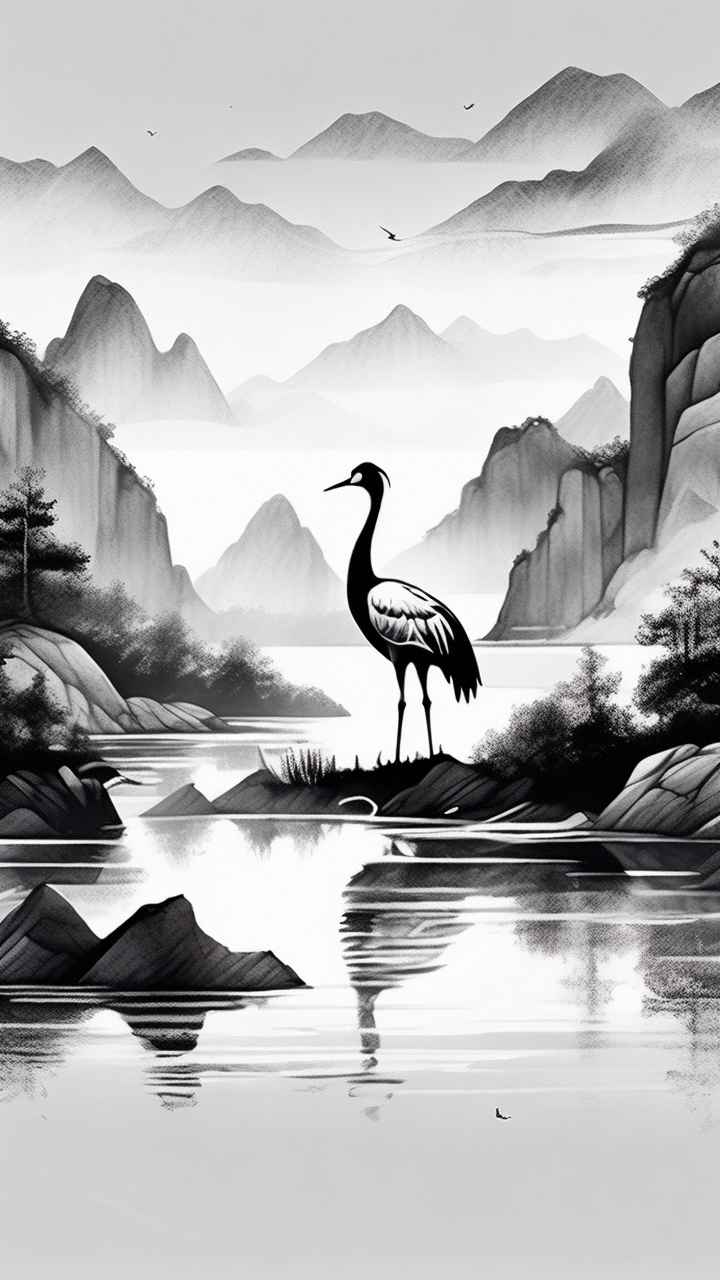 国风山水鹤插画背景 23