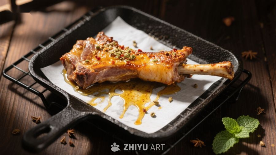 烤羊排配香料，置于铁盘中