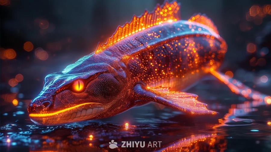 一条发光的生物，外形似鱼又似蛇，漂浮在水面上。它的