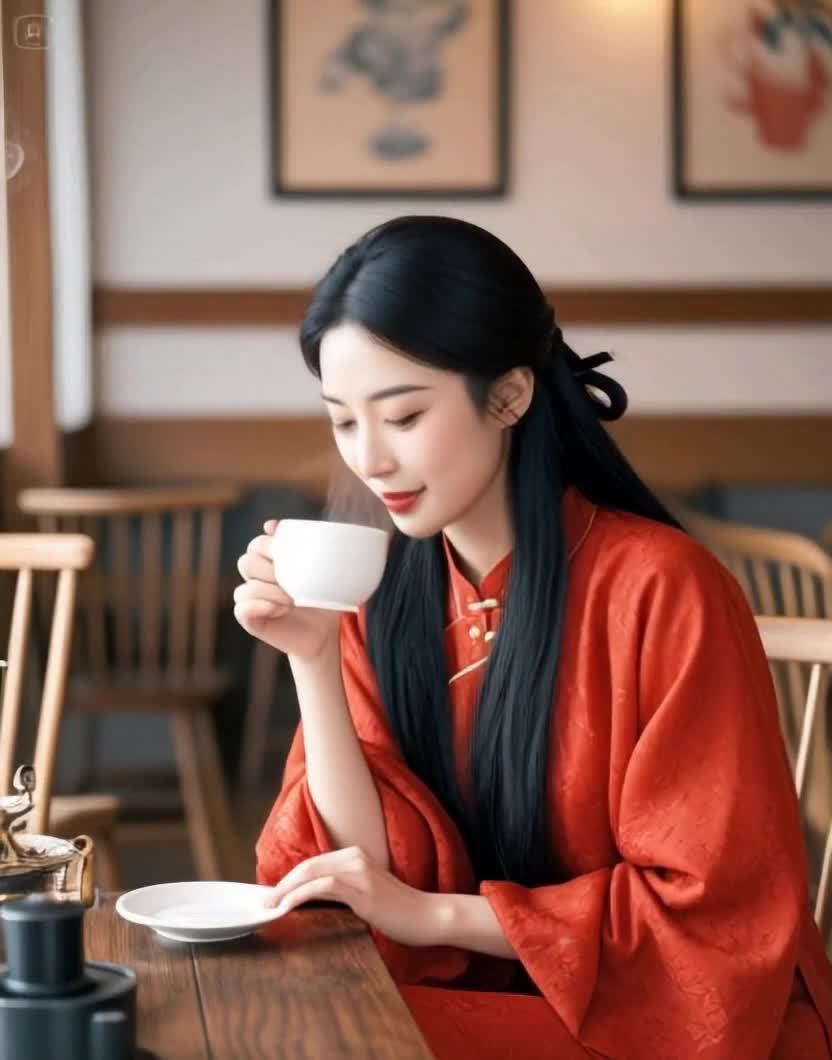 一位留着黑色长发的年轻女子身穿红色中式服装，坐在木