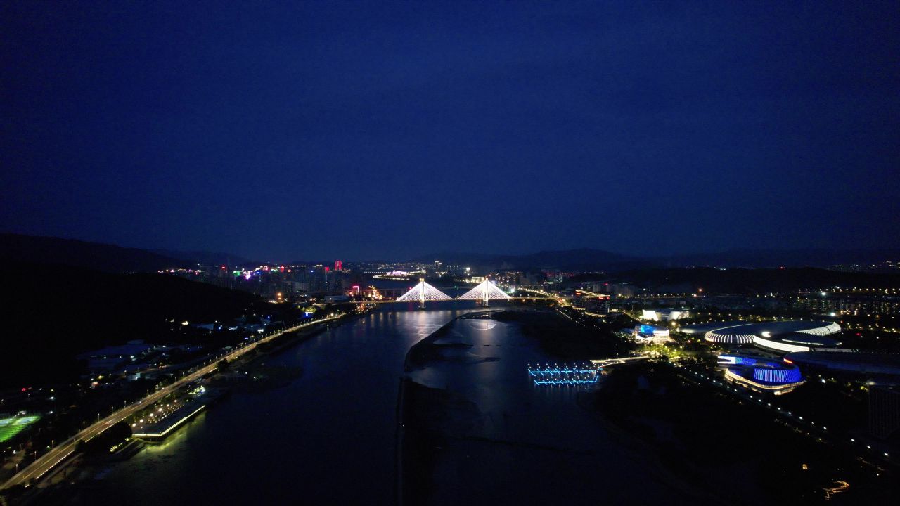 福建福州闽江两岸夜景航拍 