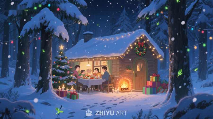 雪夜森林中的温馨小屋 386