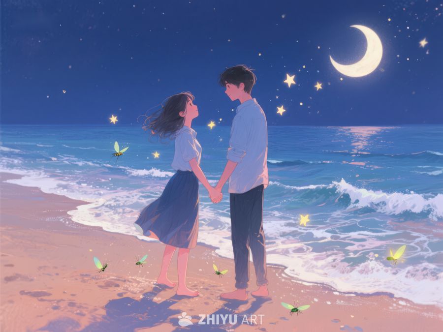 月下海滩情侣牵手 1111
