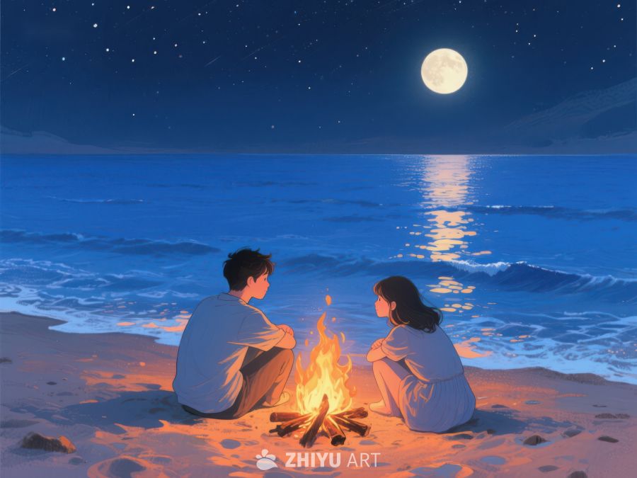 月下海滩篝火旁的二人时光 1206