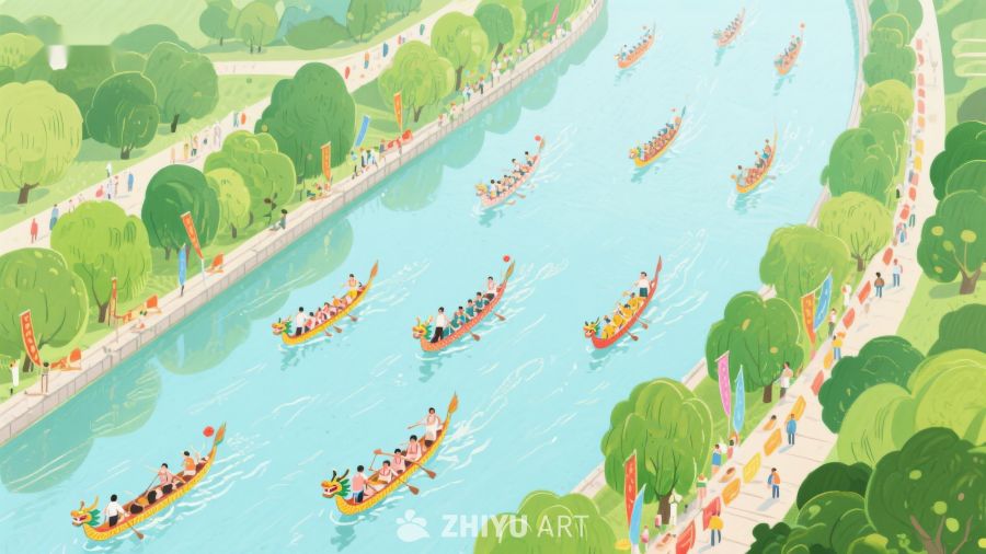 河上龙舟竞渡，两岸绿树成荫 176