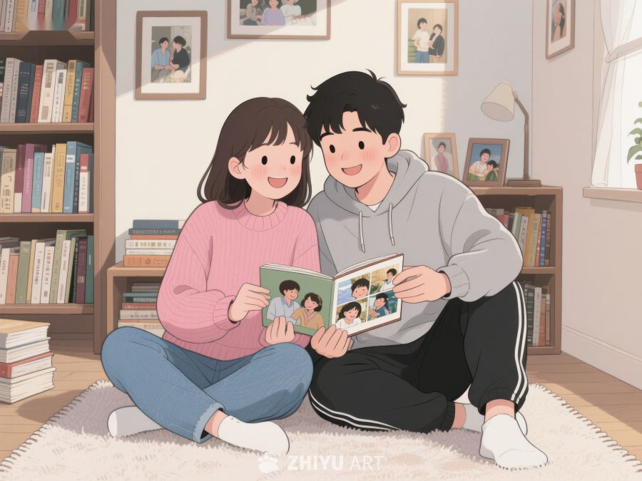 温馨时刻：两人共赏相册 780