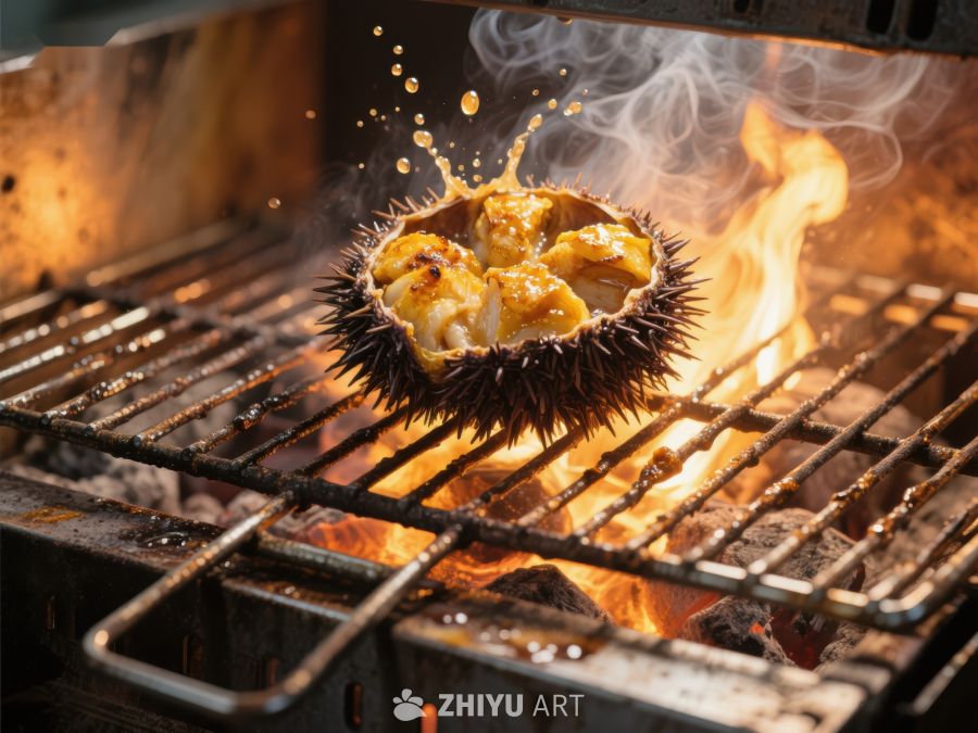 海胆烧烤：火焰中的美味瞬间