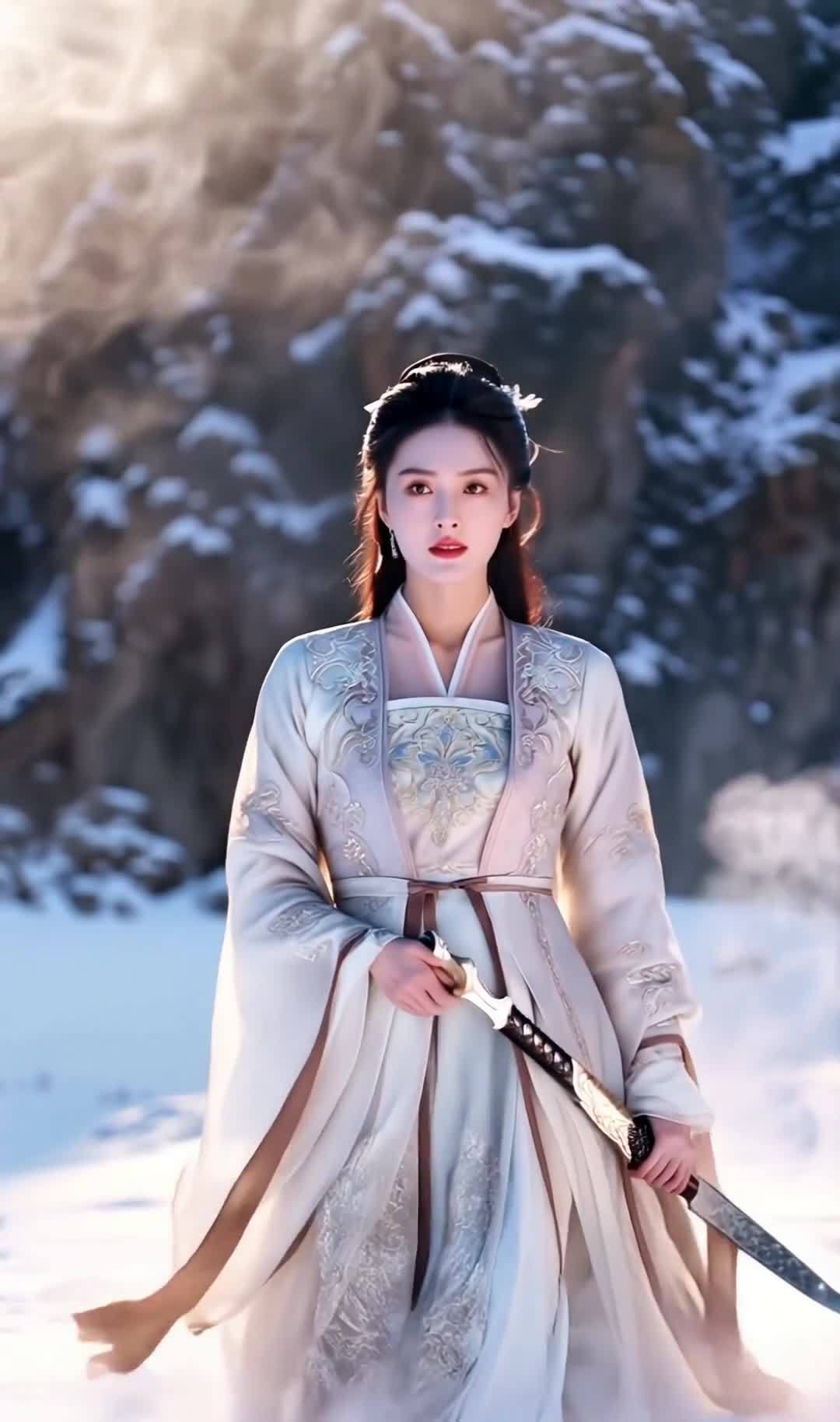 雪山汉服女子持剑，眼神坚定，姿态英姿飒爽
