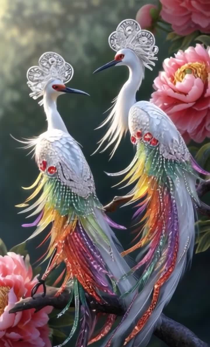 华丽冠饰与彩虹羽毛的仙鹤，牡丹花间相依偎。