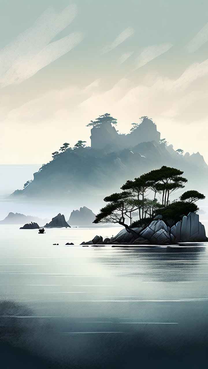 雾气缭绕大海山水画简约风格 1