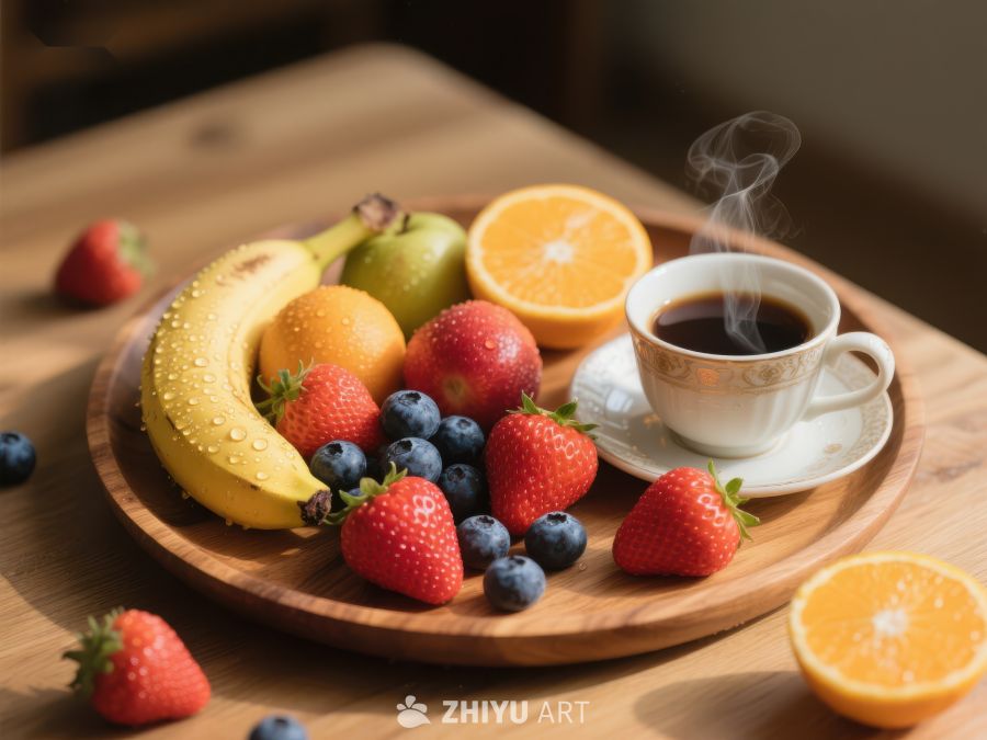新鲜水果与热咖啡的早餐组合 738